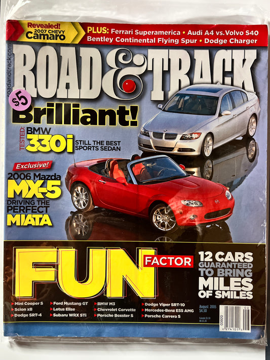 Road&Track August 2005 "Fun Factor" Mazda Miata/ BMW 330i
